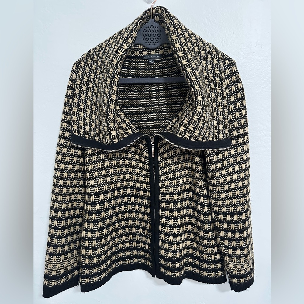 Willi Smith Black & Tan Zip-Up Wool Blend Knit Jacket Sweater | Size L